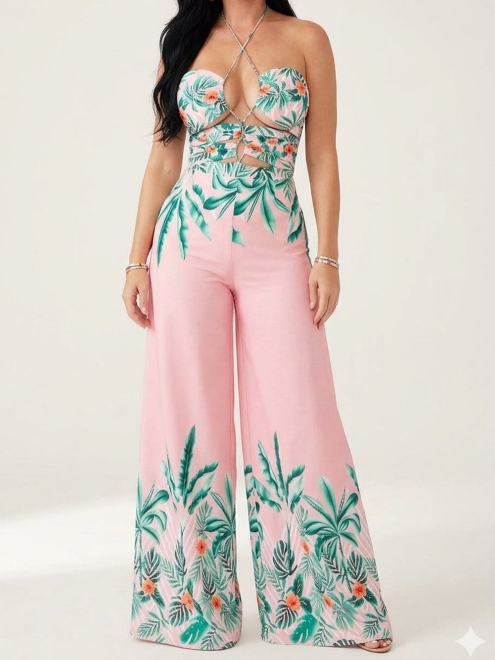 Miss Avenue Maui Nights Tropical Halter Wide-Leg Jumpsuit Romper Small